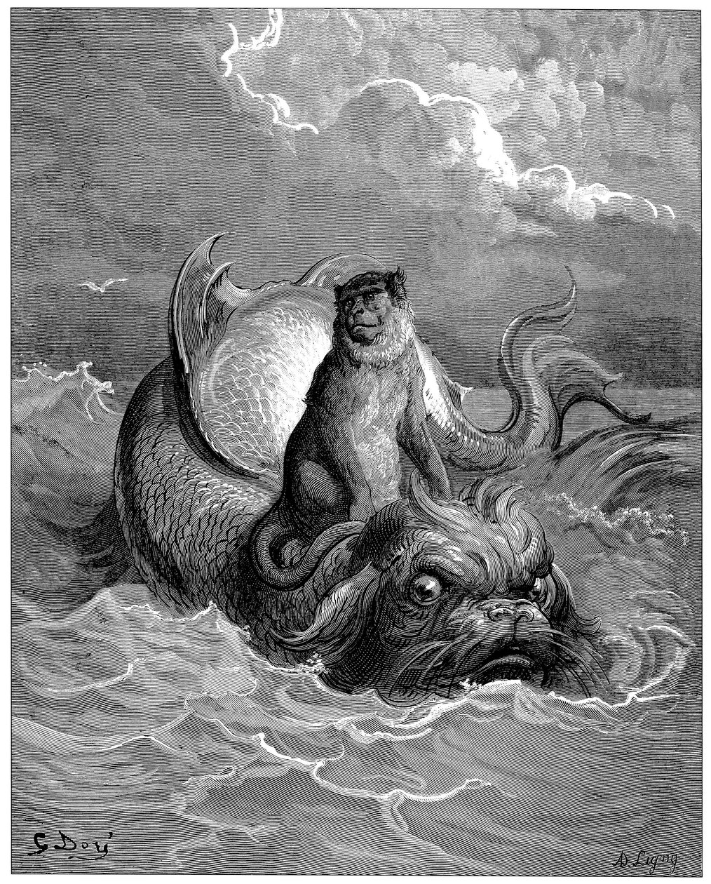 Apan och delfinen: fabel, Fabler av Jean de La Fontaine (1621-1695). Illustration av Gustave Dore (1832-1883) - av Gustave Dore