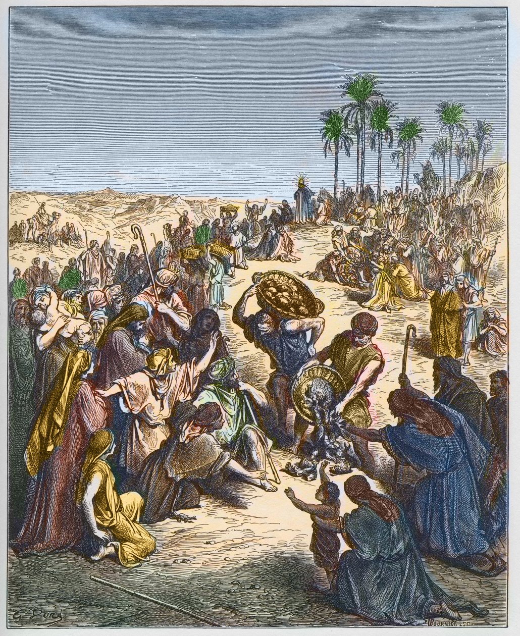 Brödets förökning - Kristus matar mängden (Abundance Bread Christianity Crowd Graving Fish) - gravyr i "The Bible illustree" av Gustave Dore (1832-1883) - Gravyr från "" The Dore Bible"" av Gustave Dore