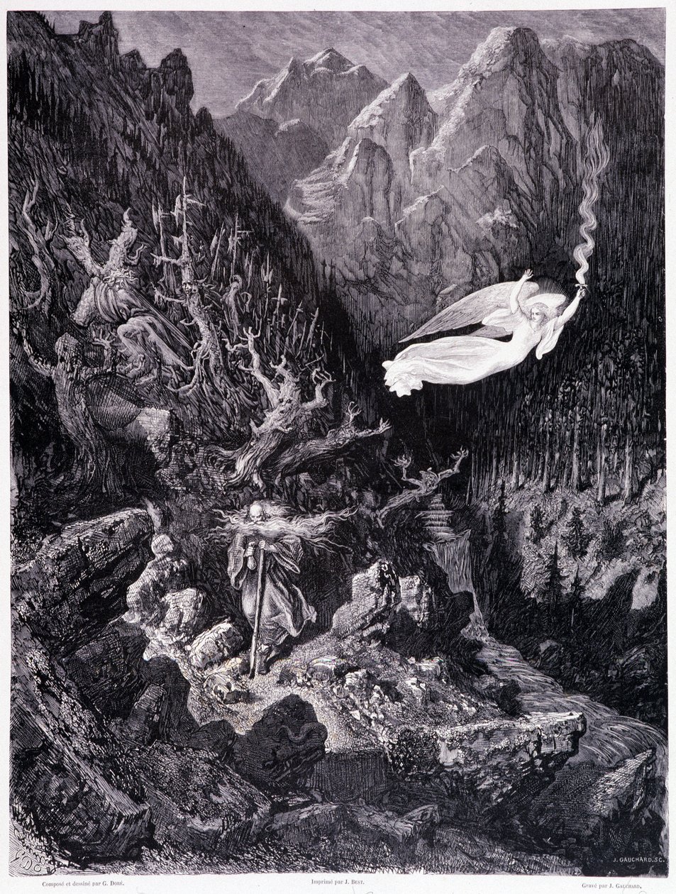 Den gamle mannen som håller en handväska och sin käpp som går i ett fientligt landskap övervinns av en ängel som viftar med en eldhastighet, Platt VII - Illustration av Gustave Dore (1832-1883), för La legende du Jew wandering av Pierre Dupont, Edition Lib av Gustave Dore