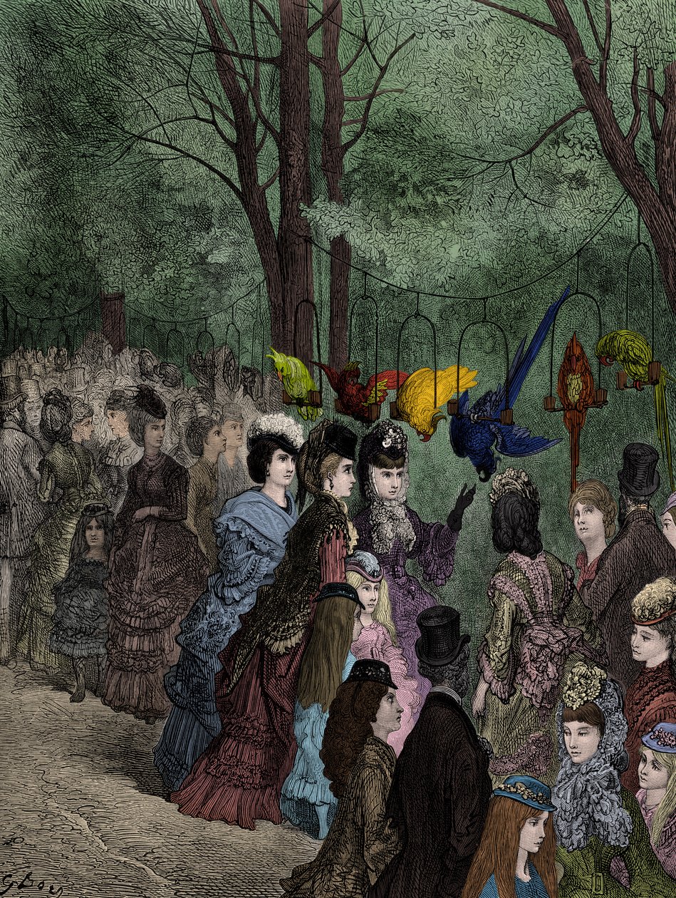 Papegojpromenaden på en viktoriansk zoo i London av Doré av Gustave Dore