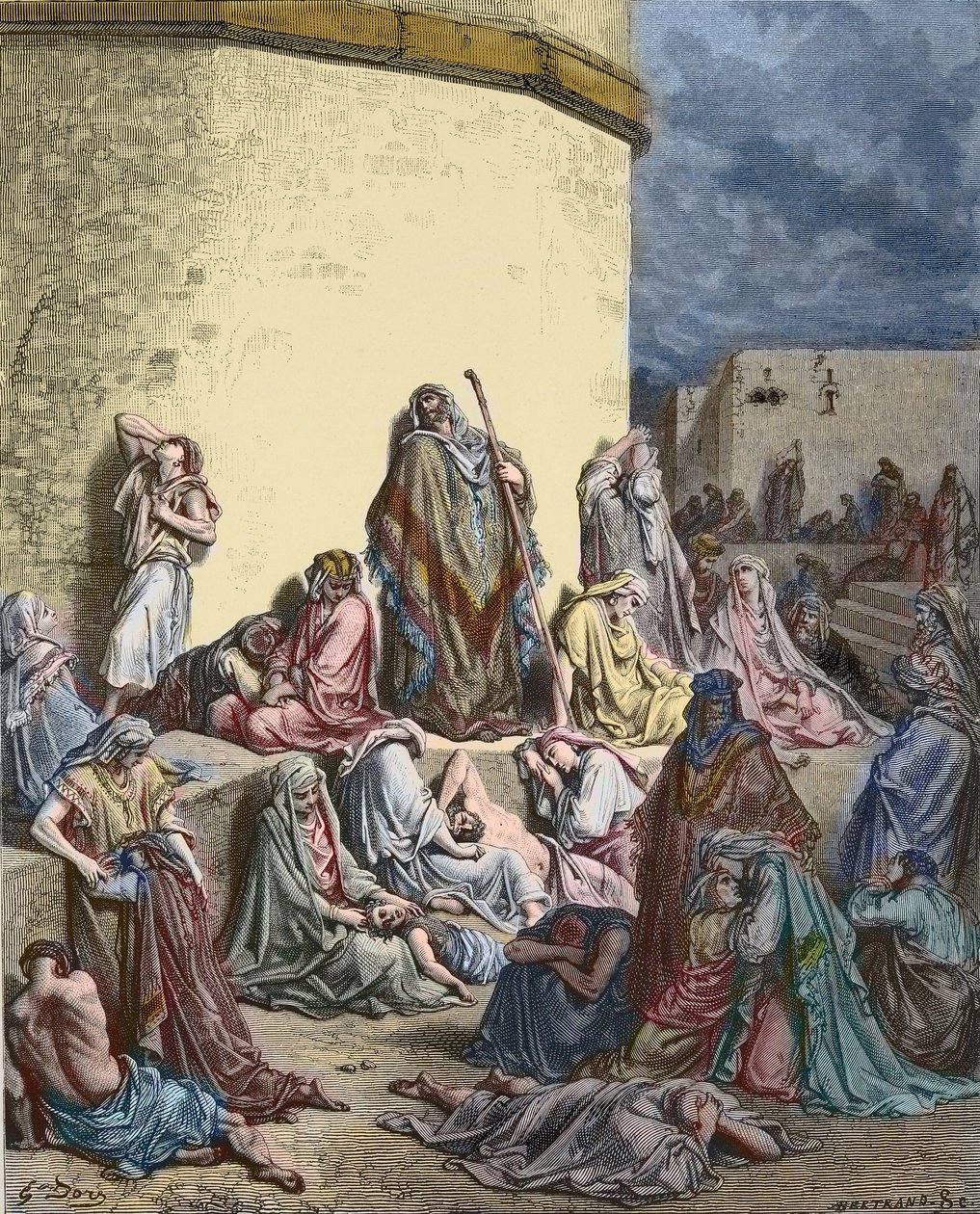 Israels folk sörjer över Jerusalem - Gamla testamentet - Jeremias klagosånger - Folket gråter i ruinerna av Jerusalem - - gravyr av Gustave Dore - senare färgläggning av Gustave Dore