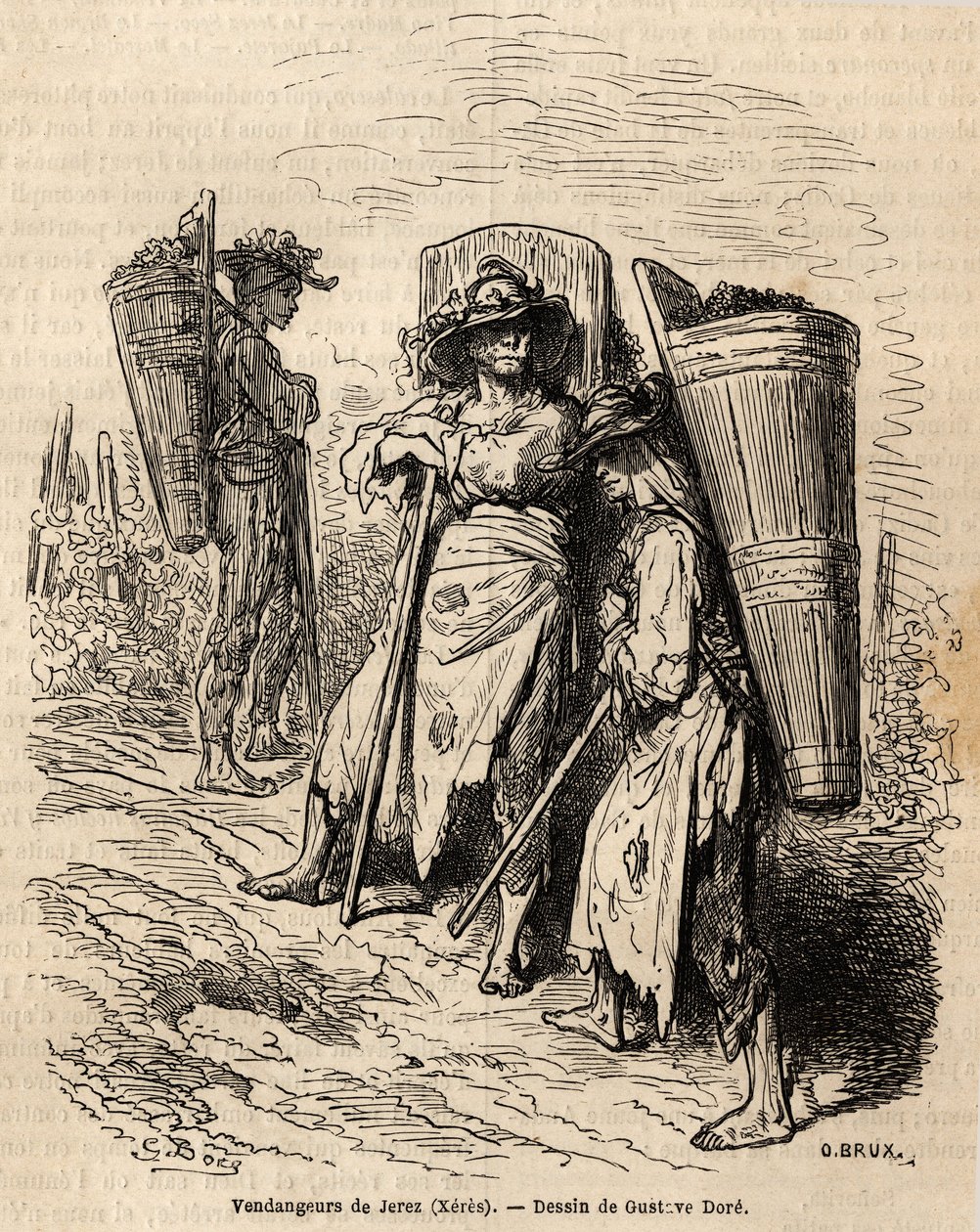 Plockarna av Xeres. Teckning av Gustave Dore (1832-1883), för att illustrera hans resa till Spanien 1862, med Ch. Davillier. Gravyr i "" Le tour du monde", redigerad av Edouard Charton av Gustave Dore