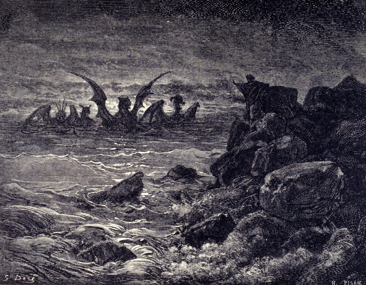 Profeten Daniel ser monster dyka upp: Haniel, Kafziel, Azriel, Aniel. Gravyr från Bibeln illustrerad av Gustave Dore. 1800-talet av Gustave Dore