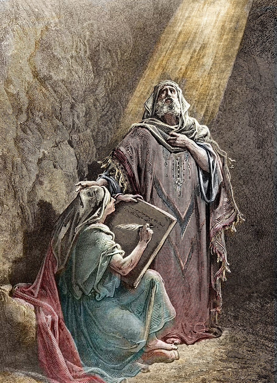 Profeten Jeremie dikterar sina profetier till Baruch - Colorisee-gravyr av Pannemacker, från Gustave Dores bibel (1832-1883) - Jeremiah (650-585 f.Kr.), hebreisk profet. Jeremia dikterar sina profetior till Baruk. Gravyr av Pannemaker, The Bibl av Gustave Dore