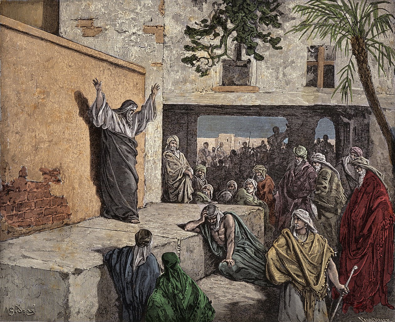 Profeten Michee uppmanar Israels folk till ånger. Gravyr från 