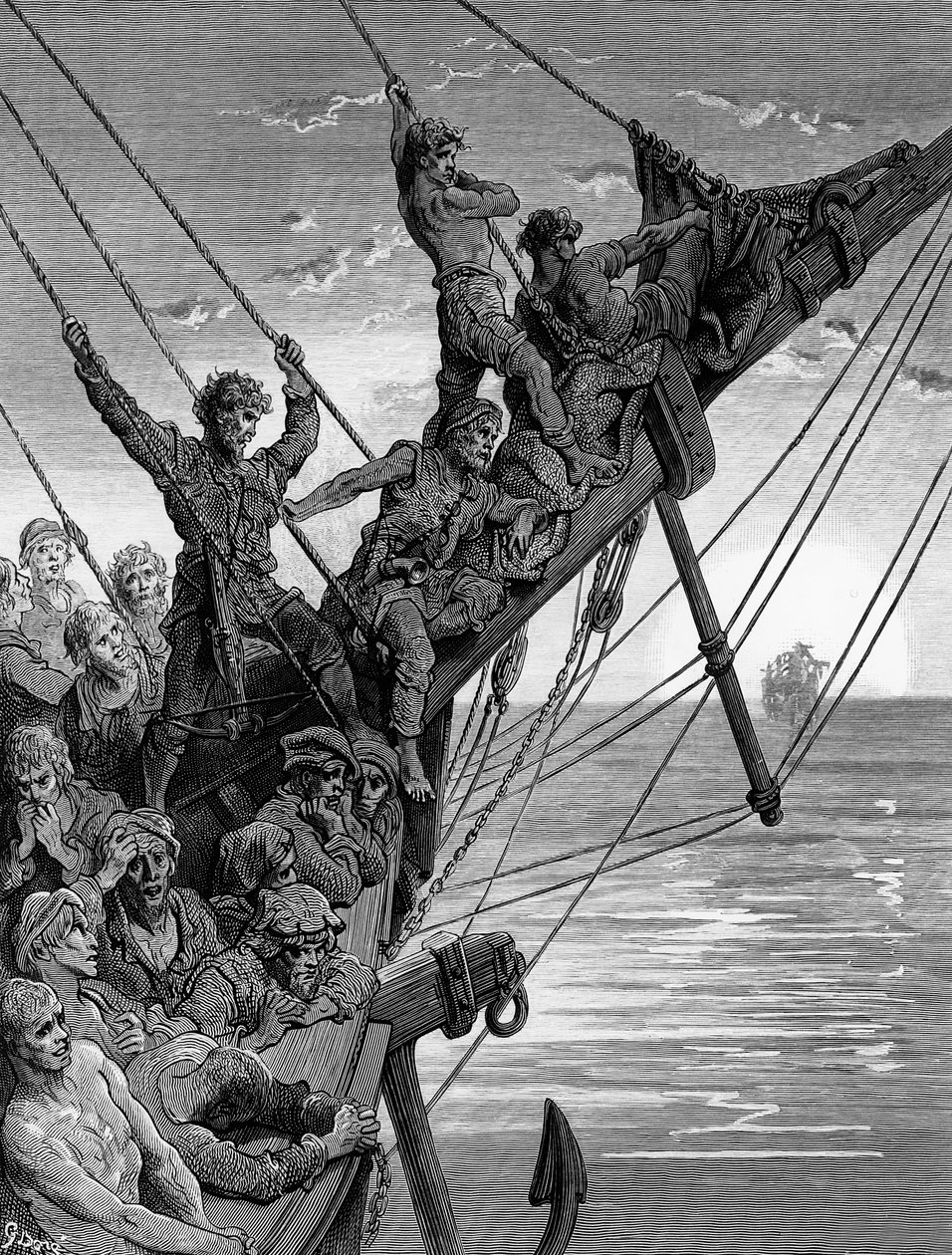 Sjömännen ser på avstånd ett spöklikt skepp, scen från "The Rime of the Ancient Mariner" av S.T. Coleridge, publicerad av Harper und Brothers, New York, 1876 (trägravyr) av Gustave Dore