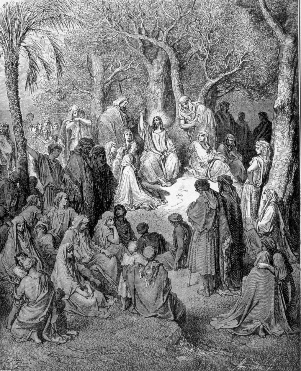 Bergspredikan: Jesus Kristus predikar inför alla sina lärjungar. Illustration av Bibeln (Nya testamentet) av Gustave Dore (1832-1883) 1866 av Gustave Dore