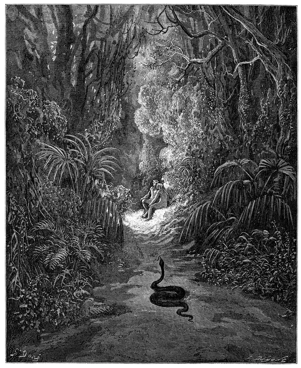 Ormen är på väg mot Adam och Eva. Illustration av Gustave Dore till "Det förlorade paradiset" av John Milton (1608-1674). Gravyr från 1866. Privat samling av Gustave Dore