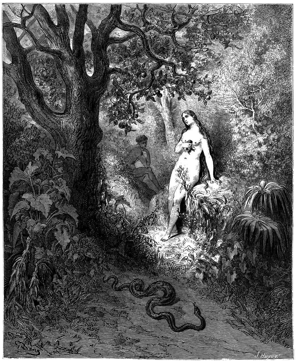Ormen är på väg mot Adam och Eva. Illustration av Gustave Dore till "Paradise Lost" av John Milton (1608-1674) - Frestelse - Fiske - Gravyr från 1866. Privat samling av Gustave Dore