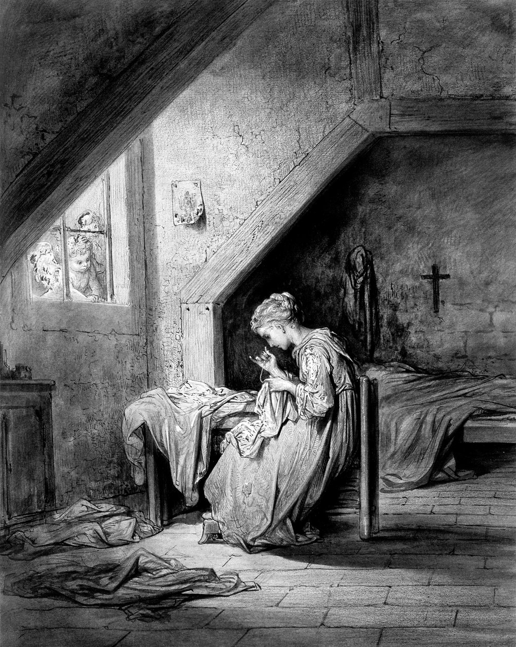 Skjortans sång av Thomas Hood ed. Moxon - En fattig couturière syr en skjorta i ett sovrum, ett krucifix hänger över sängen. illustration (teckning) av Gustave Dore omkring 1870 - En skiss av denna gravyr finns på Musee d