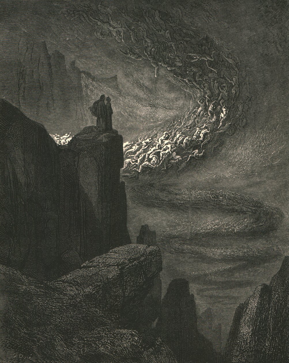 Det stormiga helvetets explosion med rastlös raseri driver andarna vidare, c1890. av Gustave Dore