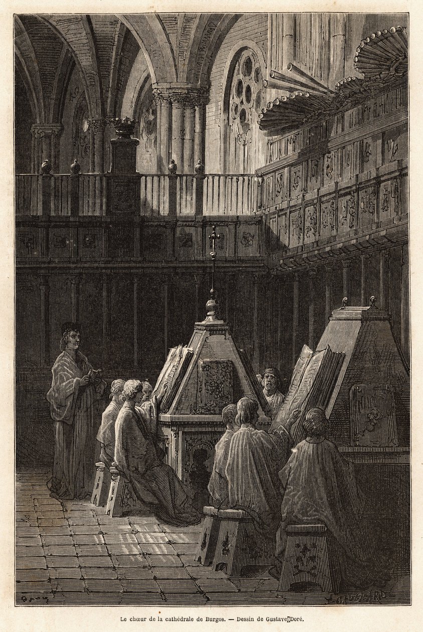 Studiet av psalmerna av kören i Cathedrale Santa Maria de Burgos (1400-talet), vars gudstjänst har den speciella egenskapen att ha sjungits där av fem olika körer sedan 1600-talet. Teckning av Gustave Dore (1832-1883). Gravering till sjuk av Gustave Dore