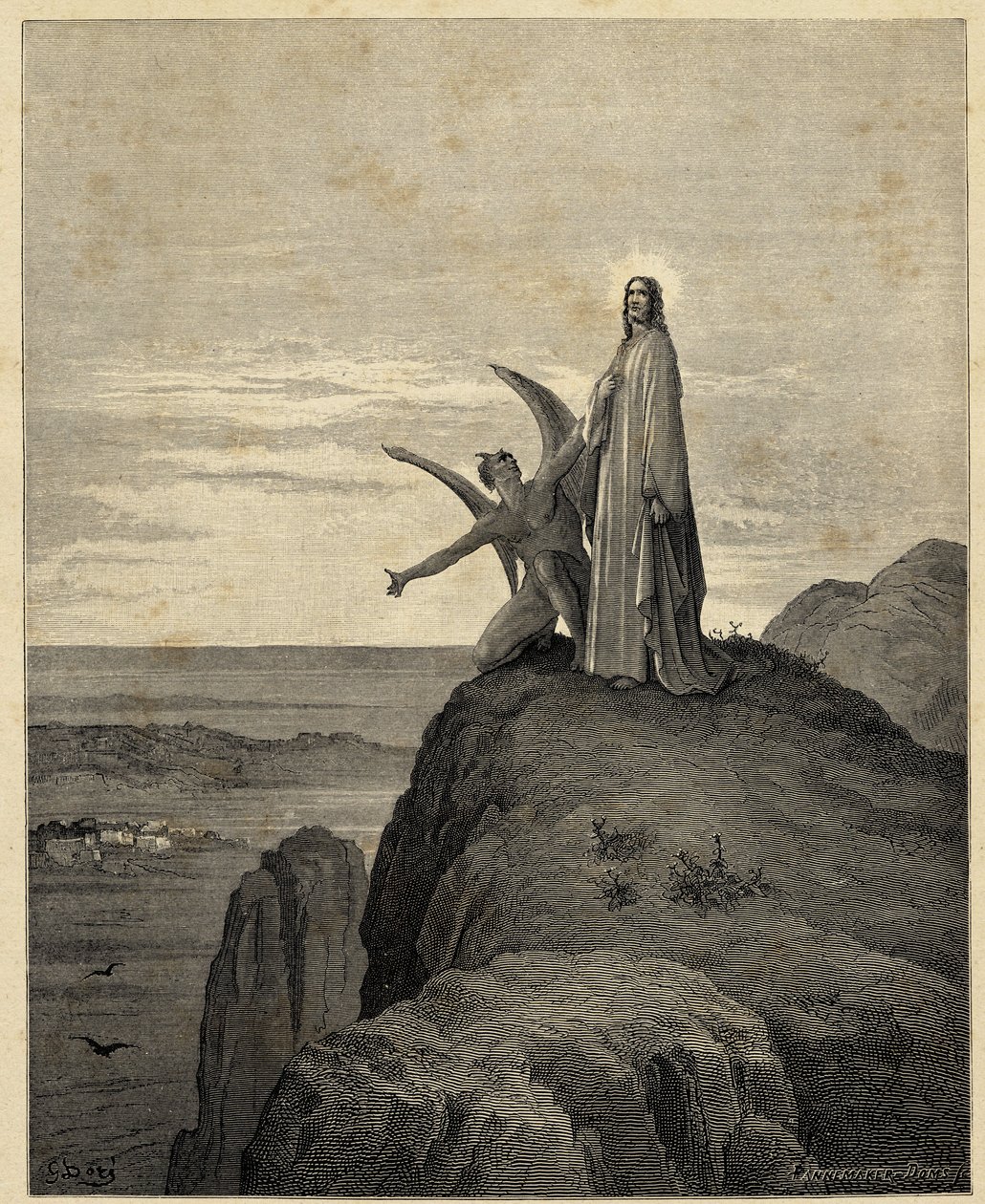 "Kristi frestelse" Jesus leds ut i öknen och frestas av djävulen. Illustration av Gustave Dore (1832-1883) för Bibeln. 1866 av Gustave Dore