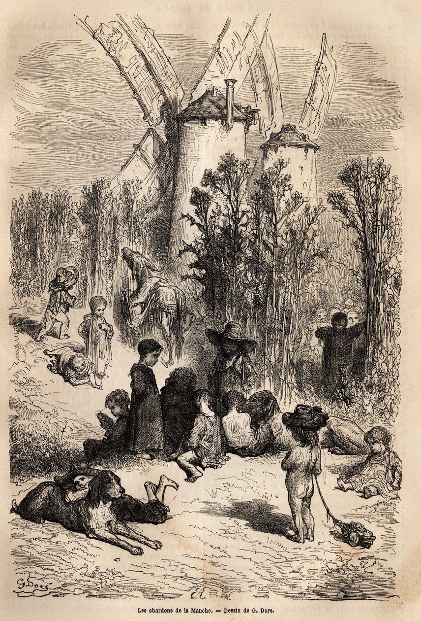 Kanalens tistlar, vid foten av de kvarnar som är kära för Don Quijote, med representation av en jäst, en hundras som är mycket frekvent i regionen (figuren av galgokorredoren som alltid svälter i Don Quijote) och en skara tiggare barn, sant s av Gustave Dore