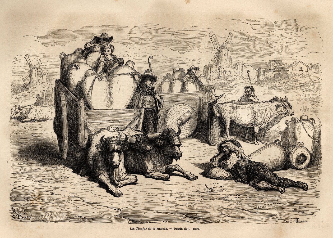 Kanalens tinajas, användningen av dessa enorma lerburkar ersätter användningen av fat och deras användning är mycket gammal. Gravyr för att illustrera resan till Spanien av Gustave Dore (1832-1883) illustratör och baron Ch. Davillier reaktor, 1862, publice av Gustave Dore