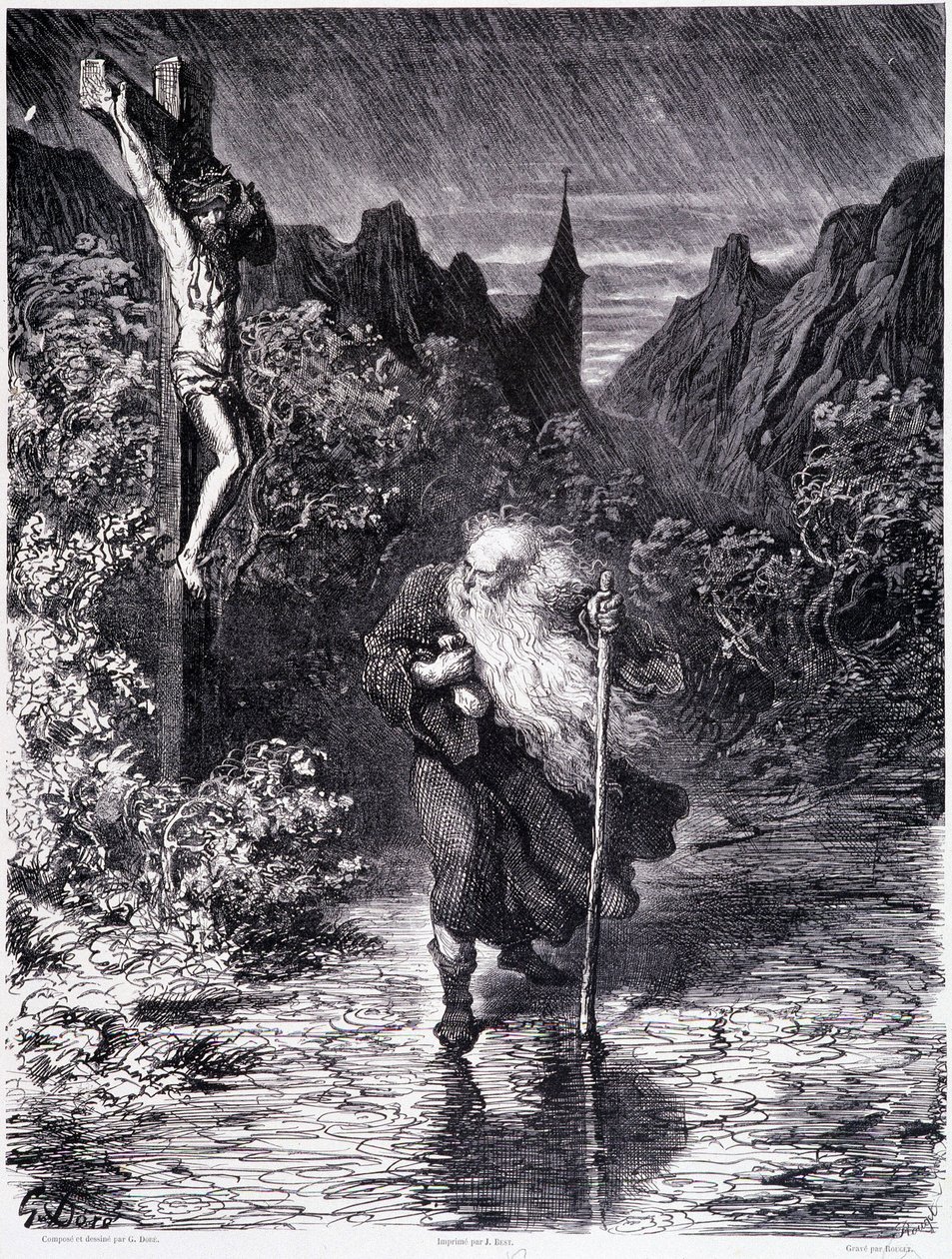 Den vandrande juden som passerar nära en Golgata - i "Legenden om den vandrande juden"" av Gustave Doré, Bokhandeln i den pittoreska butiken av Gustave Dore