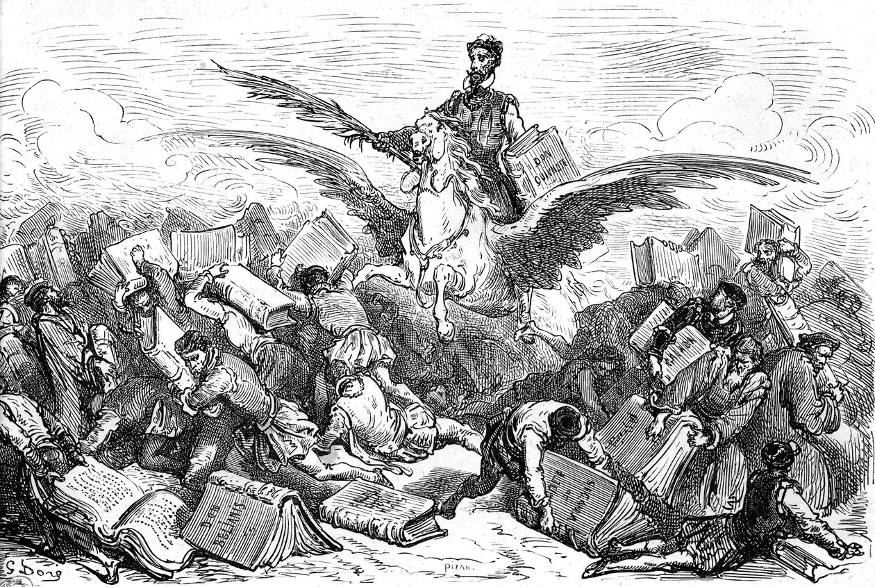 Författaren Cervantes rider på en vinghäst (Pegase), med sin bok "Don Quijote" och en fjäder i handen, och flyger över andra författare som bär (tungt!) på sina böcker. Gravyr av Gustave Dore som illustrerar Hachette-utgåvan från 1869 av boken "L