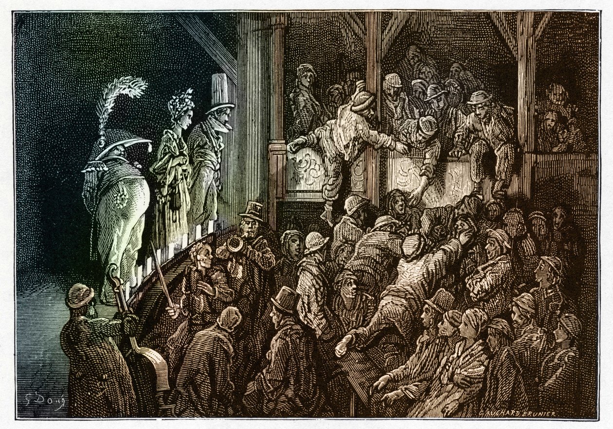 Teater: publiken under en teaterföreställning. Färgstark gravyr från "" London, en pilgrimsfärd "" illustrerad av Gustave Dore (1832-1883) av Gustave Dore