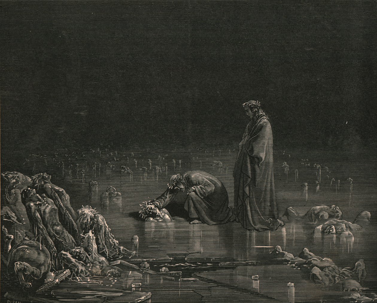 Då jag tog tag i hans bakre hårbotten, ropade jag: Nämn dig, eller inte ska ett hårstrå stanna här, c1890. av Gustave Dore