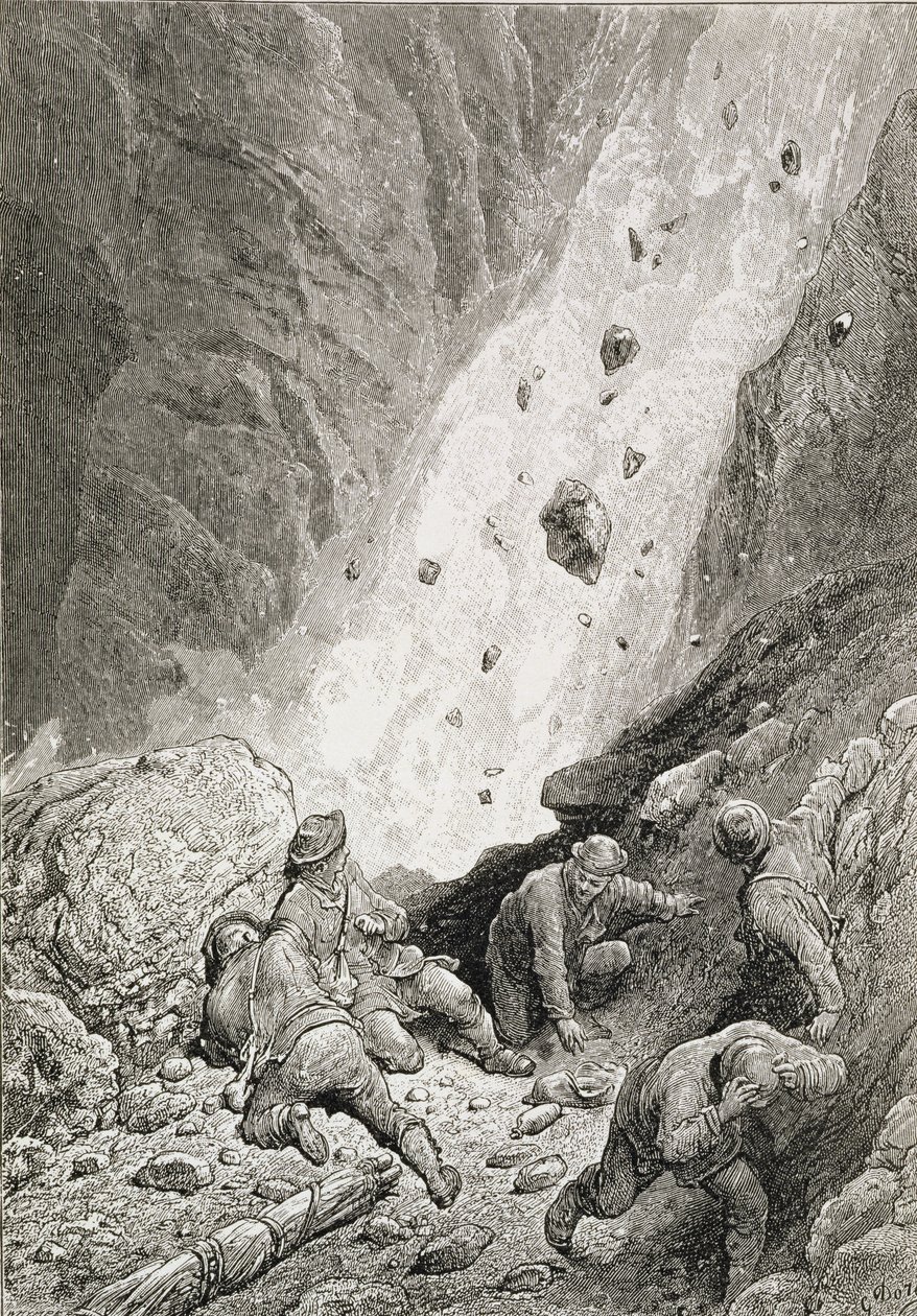 "They Saw Masses of Rocks, Boulders and Stones, Dart Round the Corner", från "The Ascent of the Matterhorn" av Edward Whymper (1840-1911), publicerad 1860-80-talet av Gustave Dore