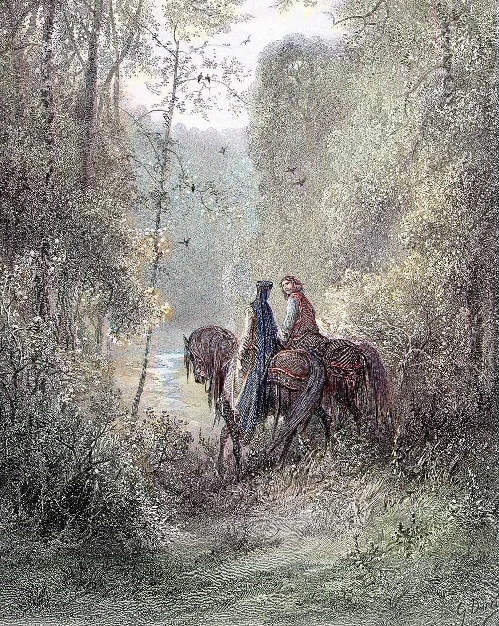 De förlorade under dungar som verkade vara ett paradis av blommor (Guenièvre och Lancelot) - i "" Guenièvre"" av Alfred Tennyson, ill. av Gustave Doré Paris, Librairie Hachette et Cie av Gustave Dore