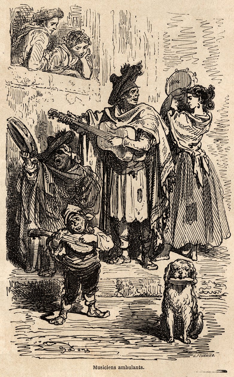 Resande musiker i Valencia, teckning av Gustave Dore (1832-1883), för att illustrera hans resa till Spanien med C.Davillier, 1862. Gravyr i "" Le tour du monde", redigerad av Edouard Charton av Gustave Dore