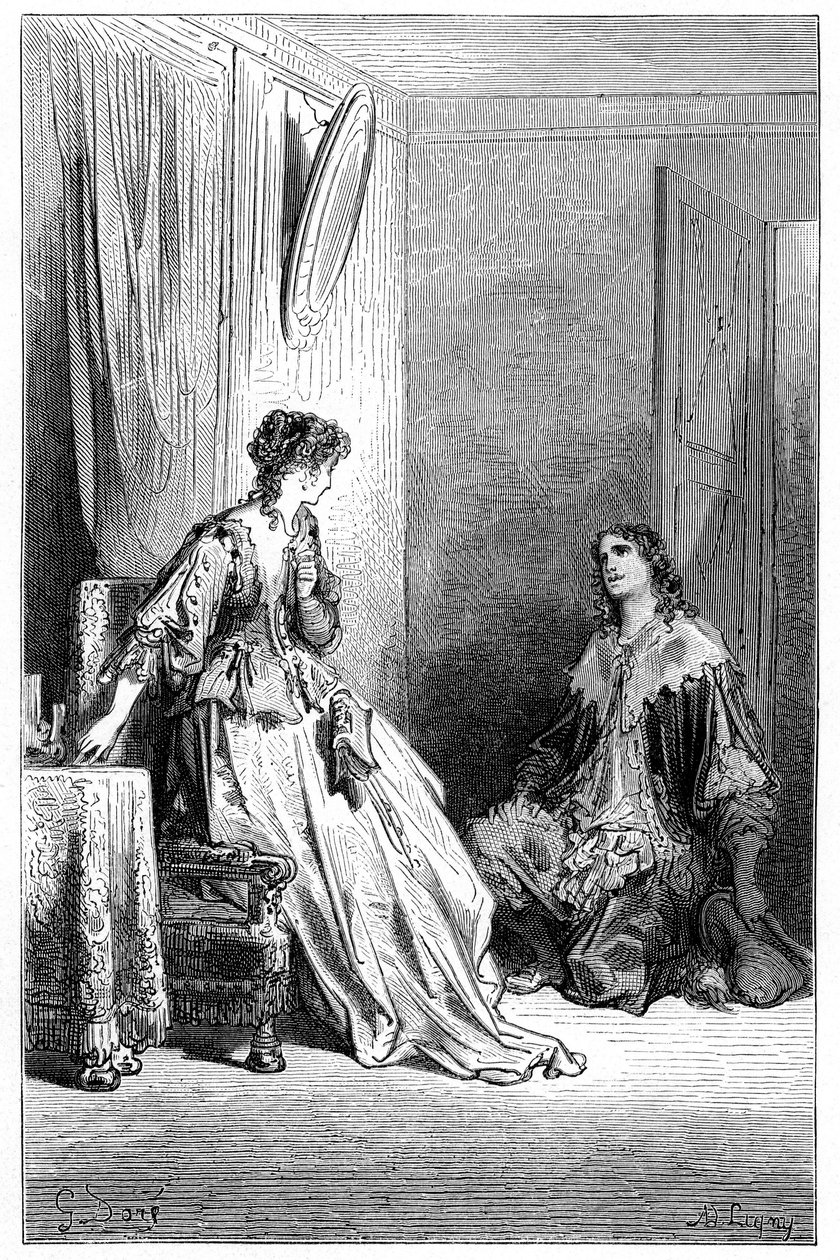 Vallombreuse knäböjer inför Isabelle, som han är förälskad i. Gravyr av Gustave Dore som illustrerar Theophile Gautiers roman "Le capitaine Fracasse", edition Charpentier 1863. av Gustave Dore