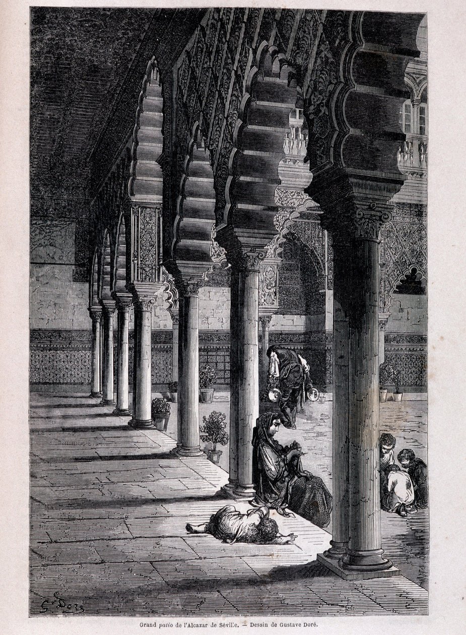 Utsikt över den stora uteplatsen på Alcazar i Sevilla - av Doré, i "" Tour du Monde"", 2:a sem. 1866. av Gustave Dore