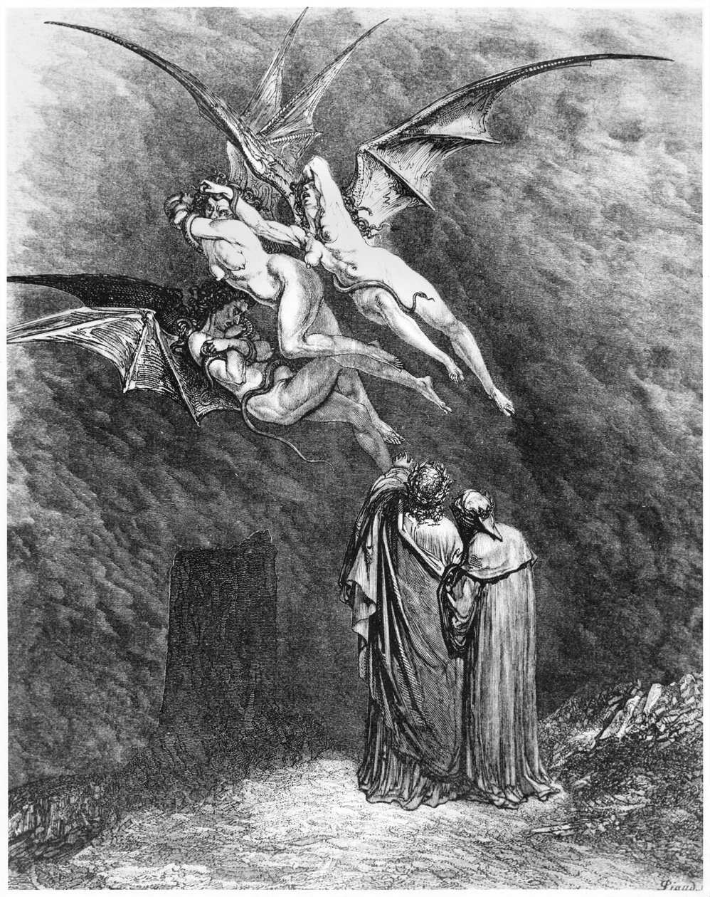 Virgil (70-19 f.Kr.) Dante and the Erinyes, illustration från 