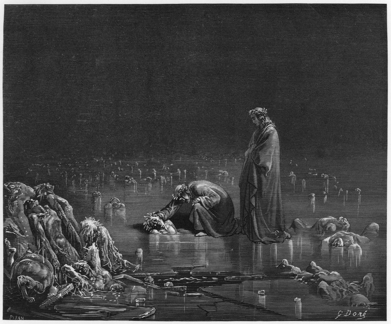 Virgil (70-19 f.Kr.) och Dante, illustration från 