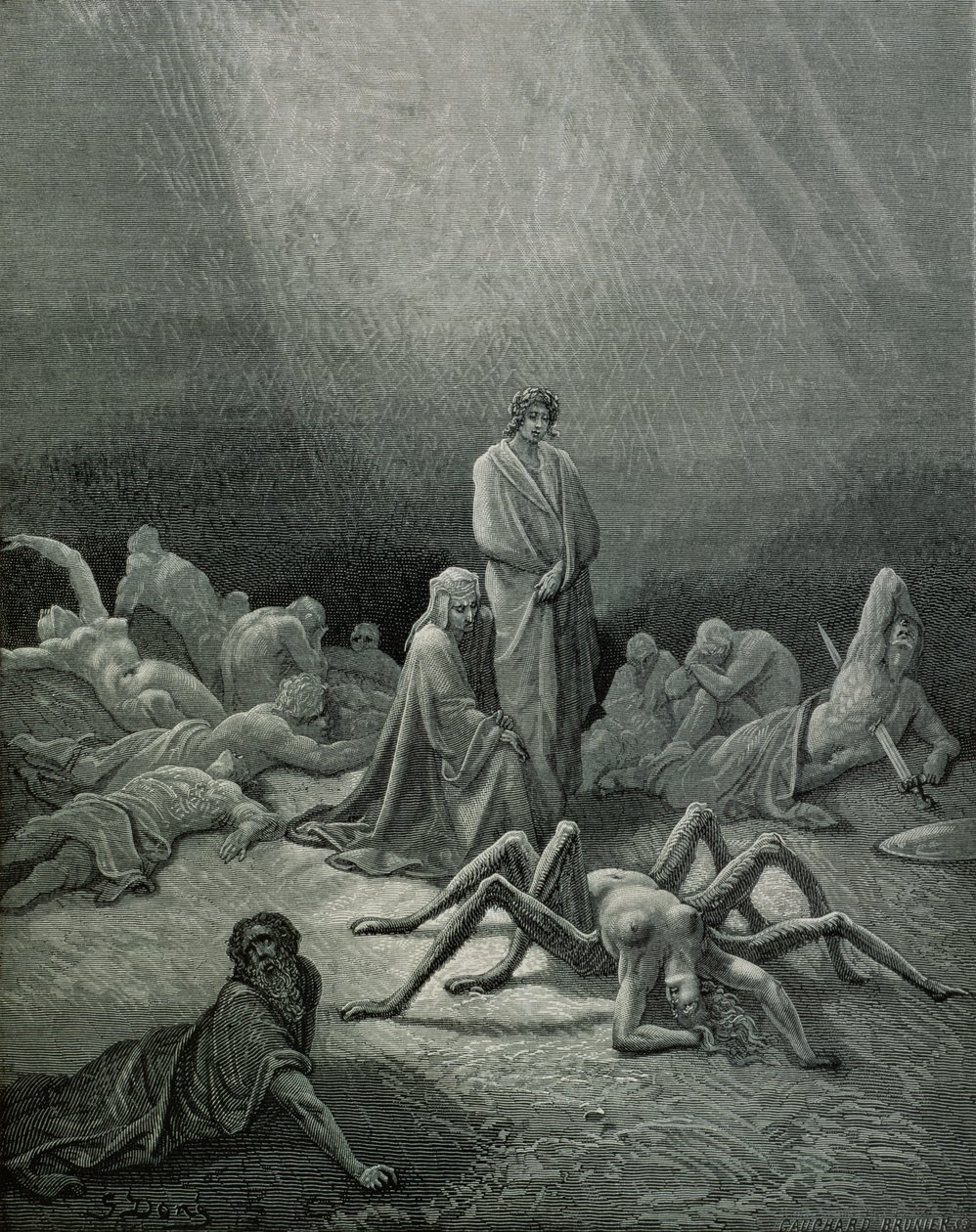 Vergilius (70-19 f.Kr.) och Dante tittar på spindelkvinnan, illustration ur "Den gudomliga komedin" (Inferno) av Dante Alighieri (1265-1321) Paris, publicerad 1885. av Gustave Dore
