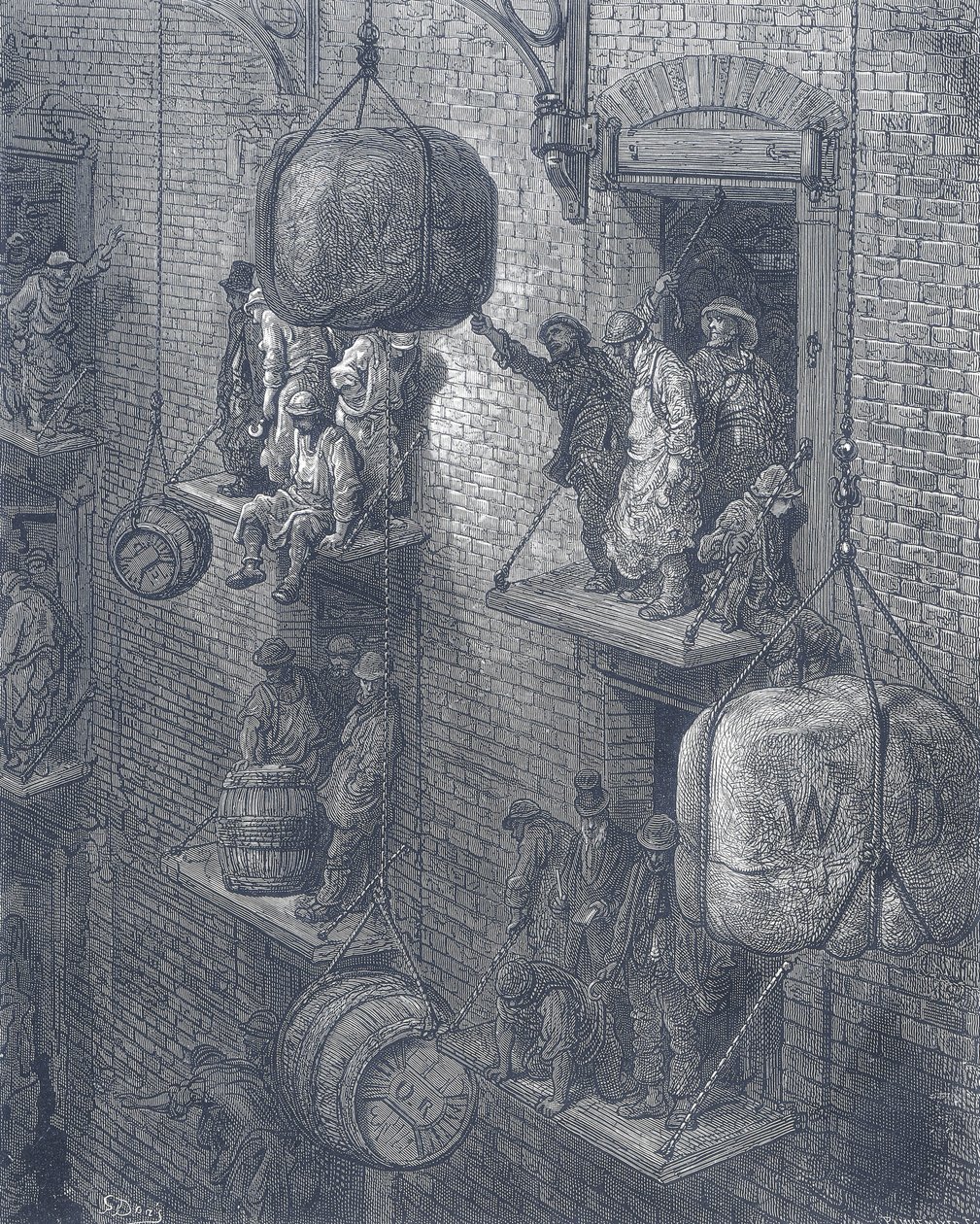 Lagerbyggnader i staden London. Från Gustave Dore och Blanchard Jerrold London: En pilgrimsfärd till London 1872. av Gustave Dore