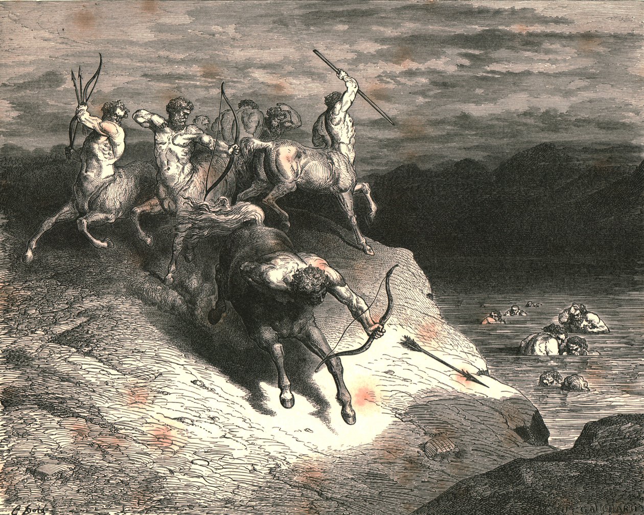 Vi till dessa bestar, som snabbt gick fram, närmade sig, när Chiron tog en pil fram, c1890. av Gustave Dore