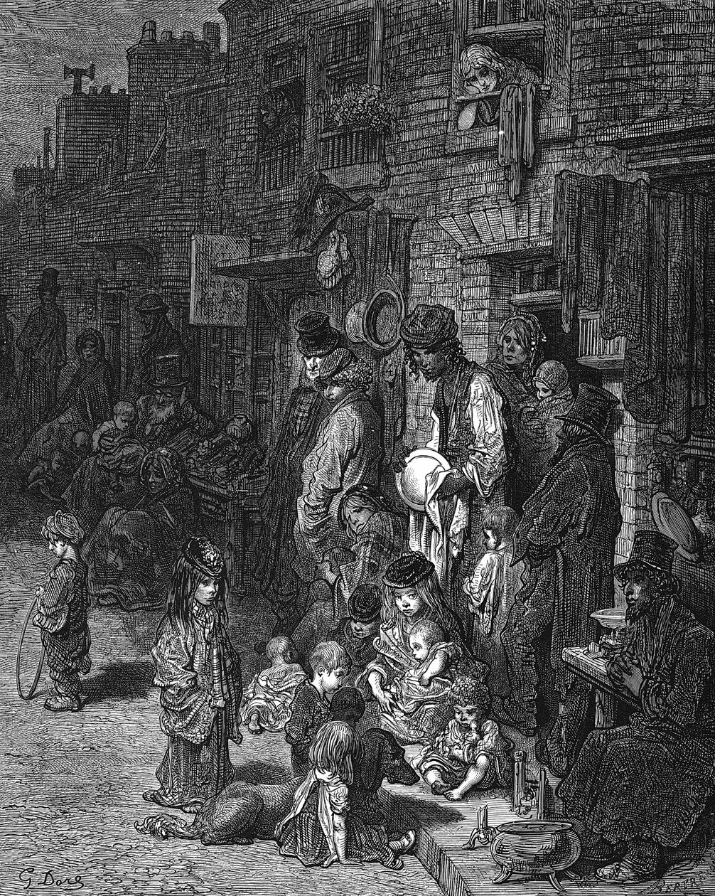 "Wentworth Street, Whitechapel", det fattiga judiska kvarteret i staden: Från Gustave Dore och Blanchard Jerrold London: En pilgrimsfärd till London 1872. Trägravyr av Gustave Dore