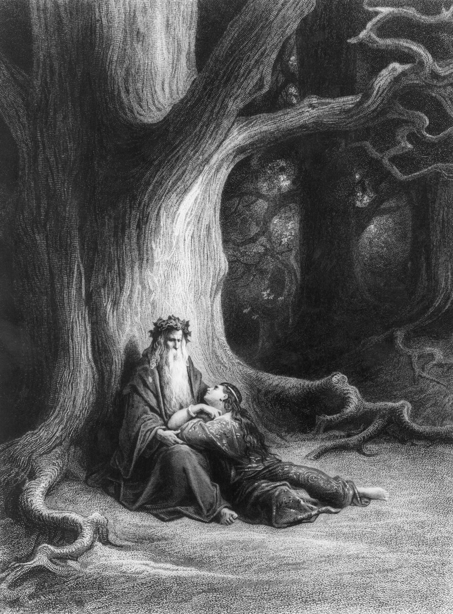 Trollkarlen Merlin och älvan Vivien i skogen Brocéliande. Baserad på dikten "Vivien" av Alfred Tennyson (utgiven av Hachette, Paris, 1868) av Gustave Dore