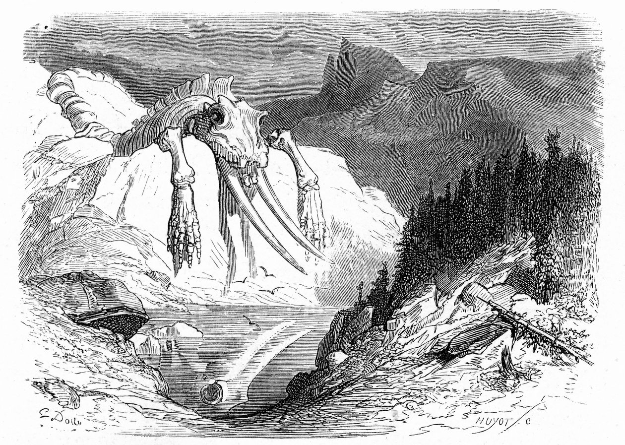 Gravyr av Gustave Dore från ca 1850: en apokalyptisk syndaflod efter vilken olika monstruösa djur har fallit ner på berget. Illustration av Hippolyte Taines bok "Journey to the Pyrenees", där förekomsten av fossila ben av Gustave Dore