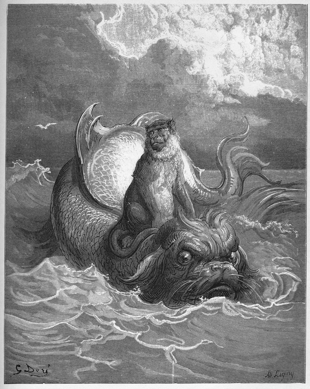 apor och delfiner - från "Fables" av Jean de La Fontaine av Gustave Dore