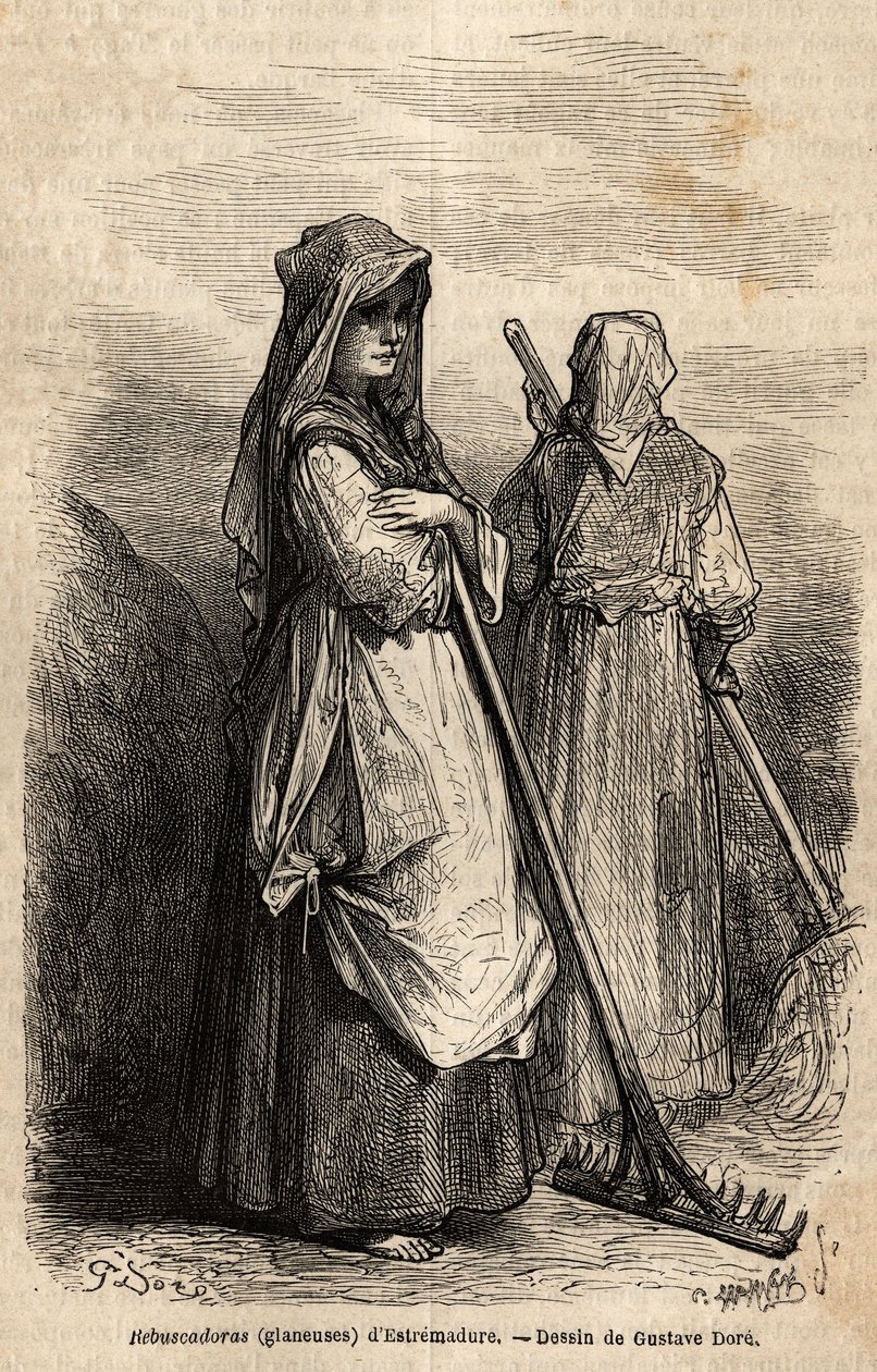 plockarna i Estremadure, med sina stora träkrattor för att plocka upp den del av skörden som glömdes bort på fälten efter skörden. Gravyr för att illustrera resan till Spanien av Gustave Dore (1832-1883) illustratör och baron Ch. Davillier reagerar av Gustave Dore