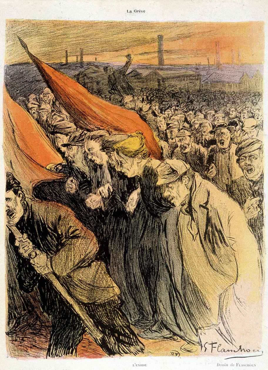 Svängd skara med röda flaggor, "" La Grève"" av Flaschoën, deb. 20:e s. av Gustave Flasschoen