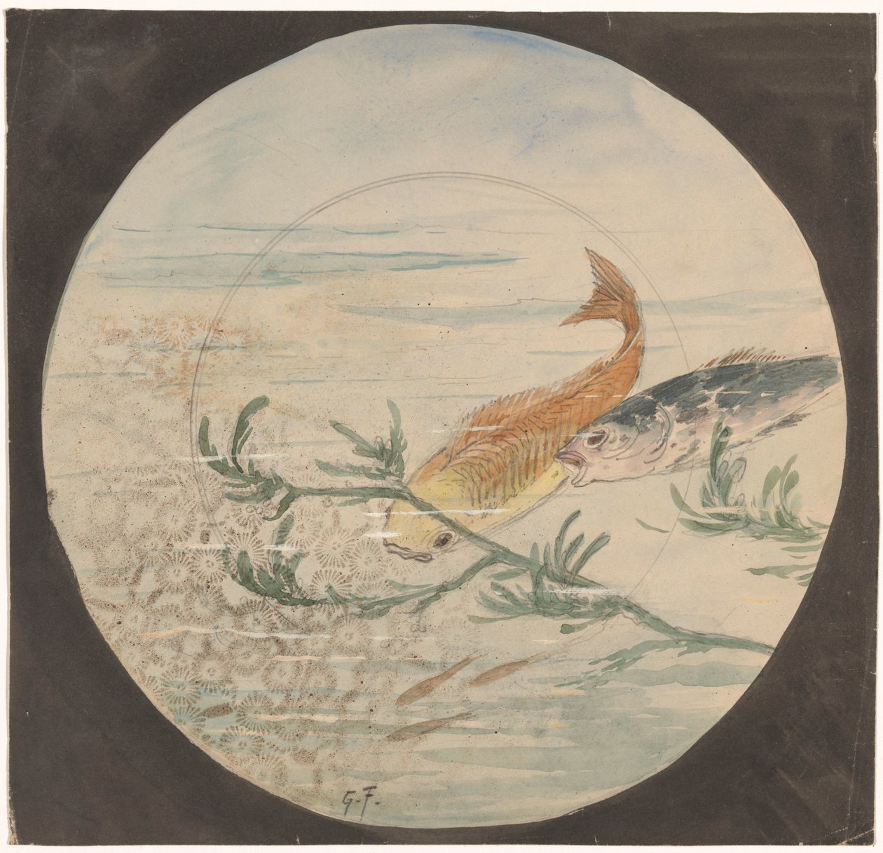 Design för en skylt med en gul och en blå fisk som simmar ner av Gustave Fraipont (signed by artist)