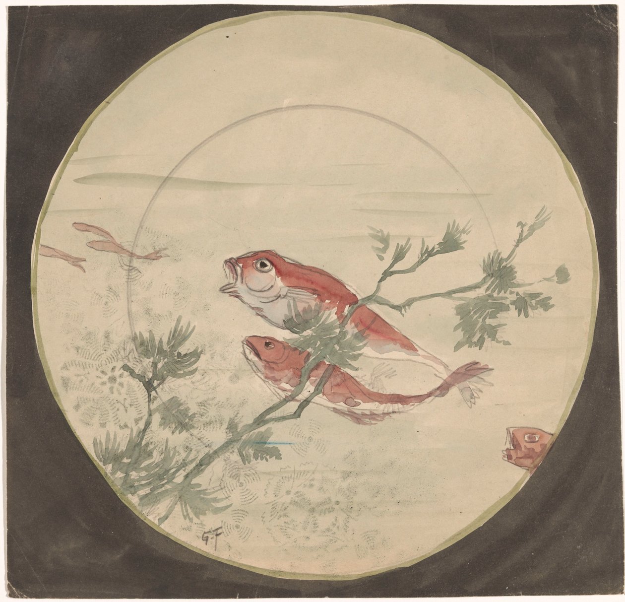 Design för en skylt med röda fiskar som simmar upp av Gustave Fraipont (signed by artist)