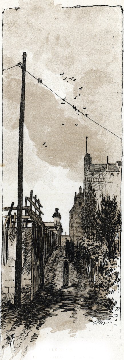 Gränd mellan avenue de Versailles och stranden av Seine, Auteuil, paris (Gränd mellan avenue de Versailles och seinefloden, Auteuil-distriktet, Paris) Teckning av Gustave Frainpont (1849-1923) ritar från Saint-Juirs av Gustave Fraipont