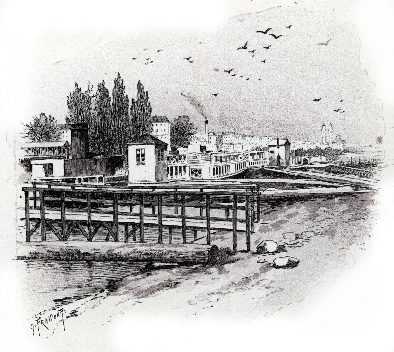 Vattenbussar (pendlarbåtar) reparationsverkstäder på seinefloden i Paris Ritning av Gustave Fraipont (1849-1923) hämtar från "La seine a travers Paris" av Saint-Judges av Gustave Fraipont