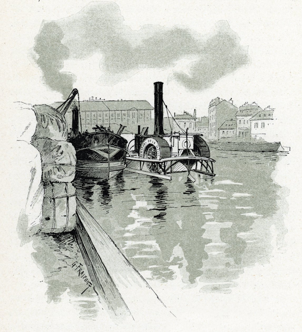 Båtar förtöjer i hamnen i La Villette, Paris (Båtar i hamnen i La Villette, Paris) Teckning av Gustave Fraipont (1849-1923) hämtar från "La seine a travers Paris" av Saint-Juirs av Gustave Fraipont