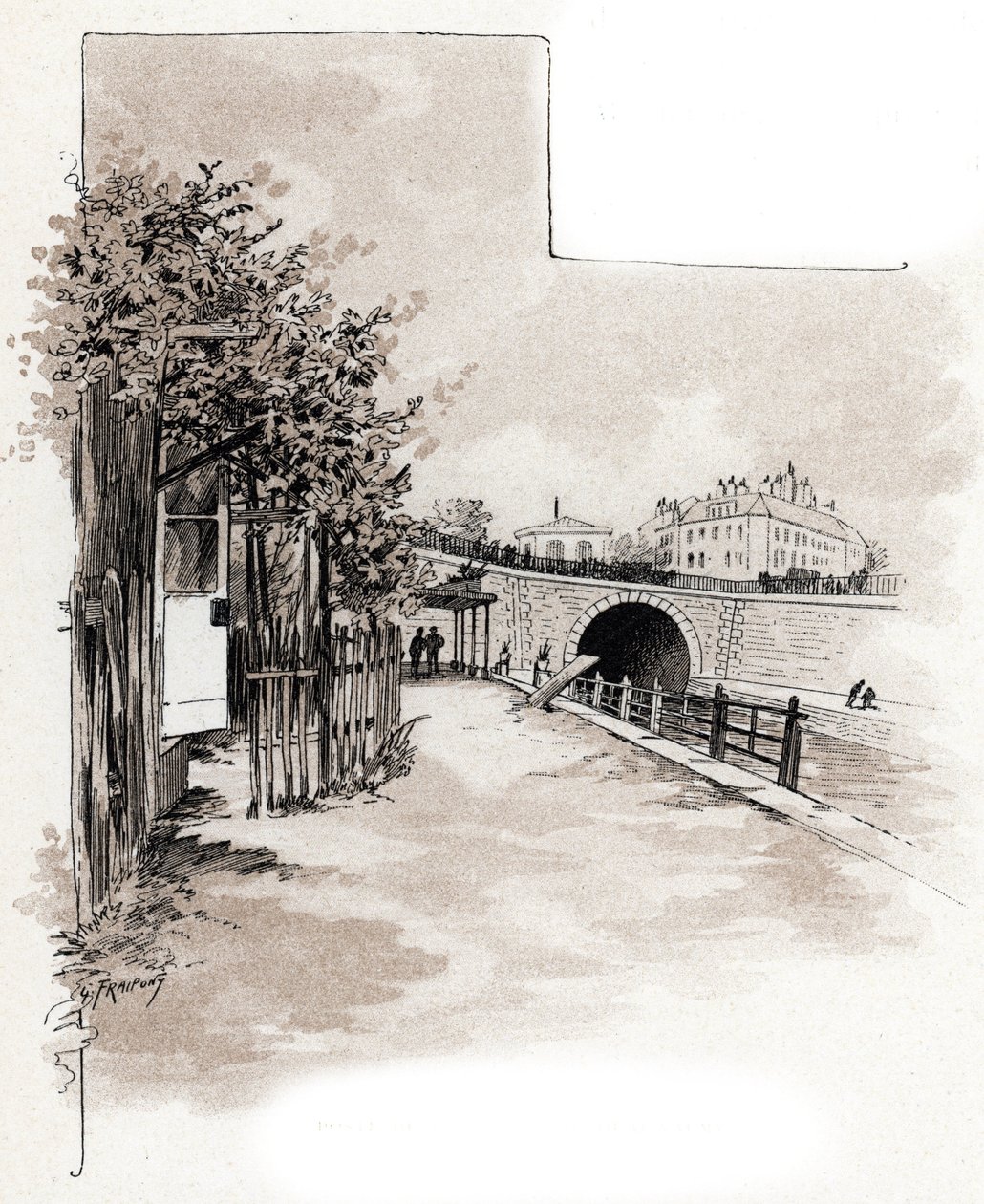 Tullkontoret vid quai de Valmy, Canal Saint-Martin, Paris Teckning av Gustave Fraipont (1849-1923) hämtar från "La seine a travers Paris" av Saint-Juirs av Gustave Fraipont