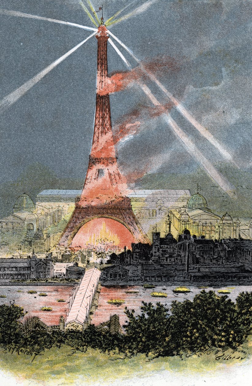 Eiffeltornet upplyst under världsutställningen i Paris 1889 Teckning av Gustave Fraipont (1849-1923) hämtar från "La seine a travers Paris" av Saint-Juirs av Gustave Fraipont
