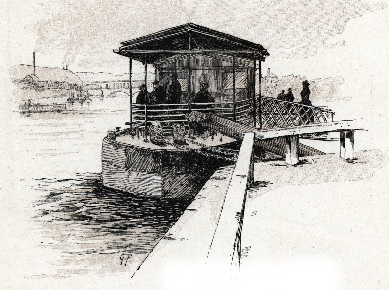 Embarcadere des Bateaux-mouches (Bateaux-mouches) sur la Seine, Paris (Utsikt över turistbåtsbryggan på seinefloden, Paris) Teckning av Gustave Fraipont (1849-1923) hämtar från Saint-Juirs "" La seine a travers Paris ” av Gustave Fraipont