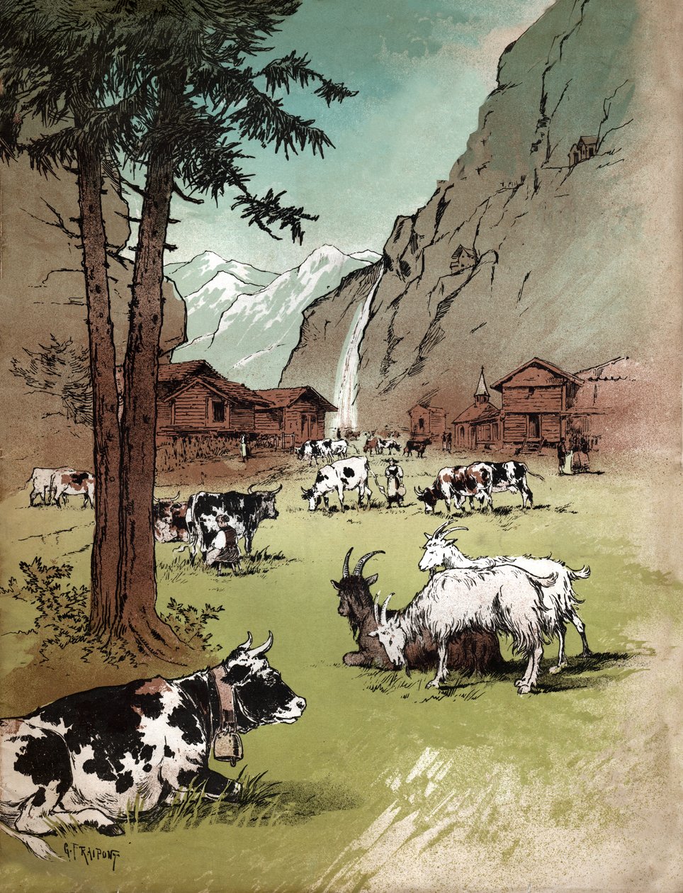 Gård och landskap i de schweiziska alperna, cirka 1910 (illustration) av Gustave Fraipont