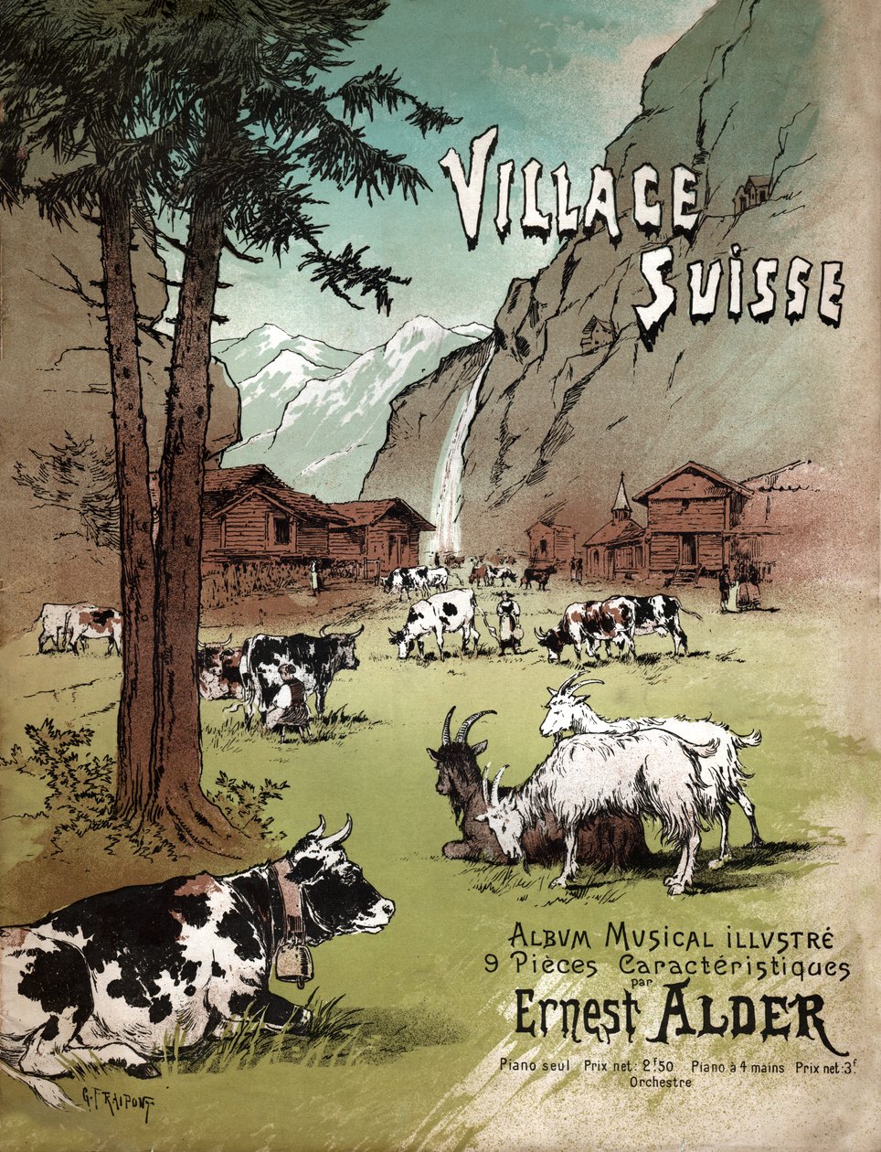 Gård och landskap i de schweiziska alperna, cirka 1910 (illustration) av Gustave Fraipont
