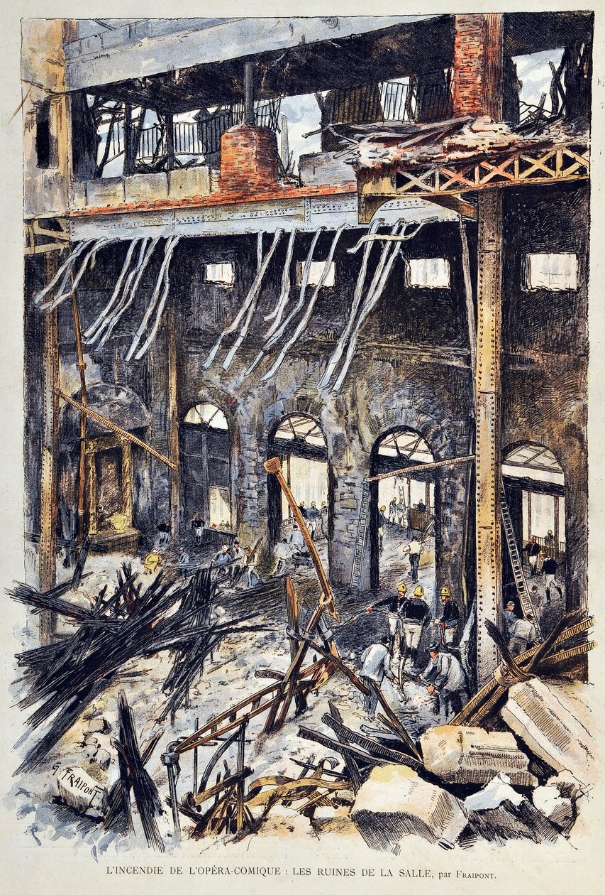 Fire of the Opera Comique (Opera-Comique) i Paris den 25 maj 1887 under framförandet av Ambroise Thomas första akt av "Mignon". De inre ruinerna. Illustration av Gustave Fraipont (1849 -1923) Gravyr från 1887 i "" Paris-Illustrous journal weekly"". av Gustave Fraipont